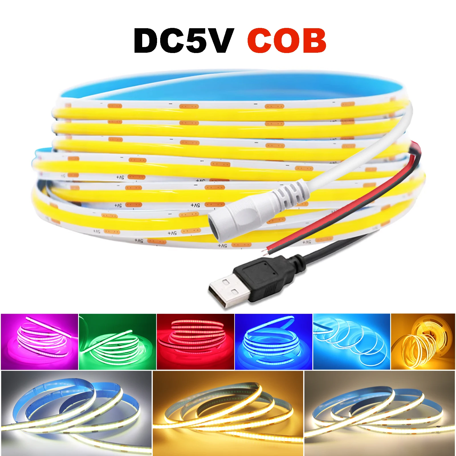 DC5V COB Led Strip Light 320LEDs/m Linear Lighting Flexible Tape Warm/Natural/White/Red/Blue/Green/Pink/Yellow 1m 2m 3m 4m 5m