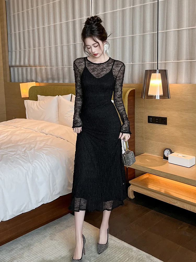 New Autumn and Winter Clothing for Women, Pure Lust Style, Sexy, Slim, Black Irregular Lace Dress