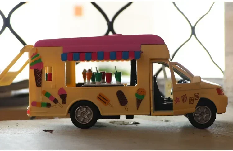 1:32 Simulatie Ijs Truck Food Truck Winkel Speelgoedlegering Model Geluid En Licht Auto Pull-Back Voertuig Kinderen Baby Cadeau