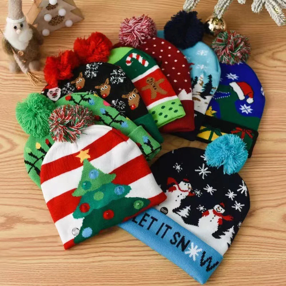 Christmas Led Hat New Year Cute Christmas Knitted Hats For Kids Adults Santa Hat With Led Navidad New Year Party Winter Gift