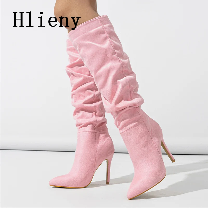 Hlieny Winter Fashion Black Women Knee High Boots Sexy Pointed Toe Thin High Heels Ladies Long Slip On Female Shoes Size 35-42