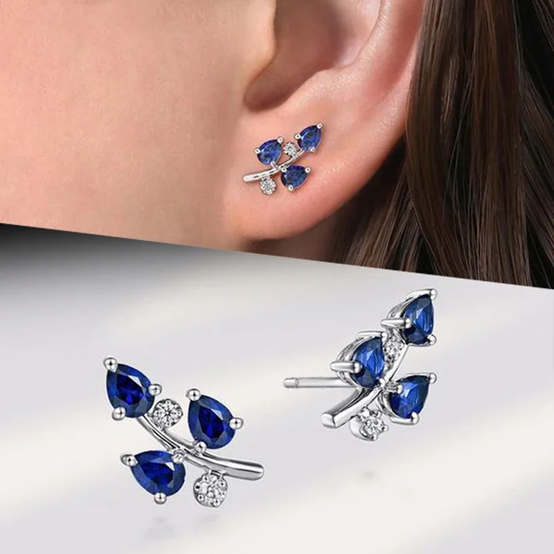 CAOSHI Chic Blue Crystal Stone Ear Studs Leaf Shape Earrings for Daily Life Female Versatile Jewelry Silver Color Accessories