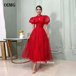 OIMG Sparkly Red Black Stars Tulle Evening Dresses High Neck Puff Short Sleeevs Buttons Corset Arabic Occasion Event Dress