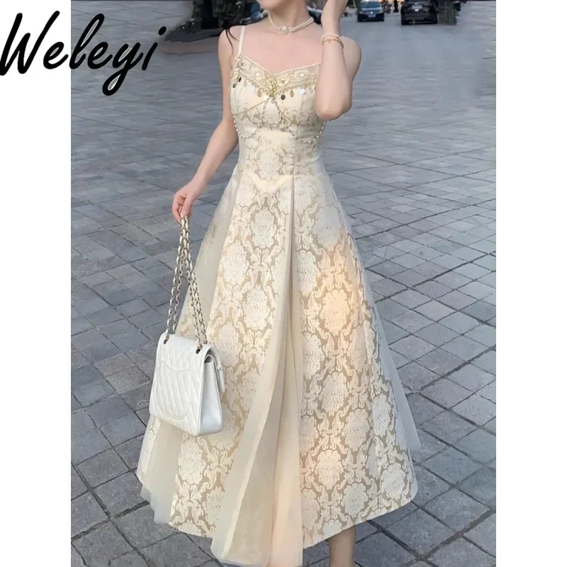 

Court Sequined Jacquard Beaded Slip Dress Birthday Ladies Autumn Banquet Streamer Champagne Long Suspender Dresses Women 2024