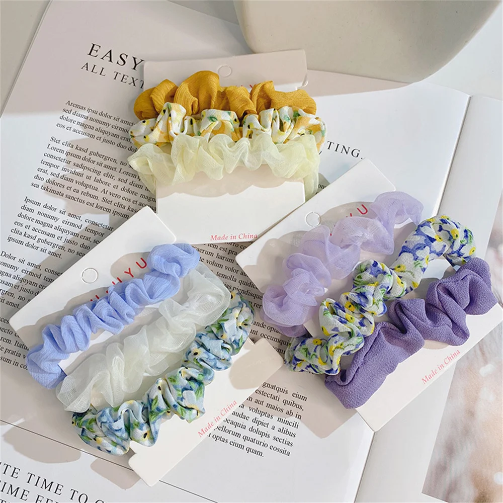3Pc/set Silk Scrunchies Print Leopard Scrunchie Set Elastyczne opaski do włosów Jednokolorowe modne nakrycia głowy Damskie akcesoria do włosów Prezent