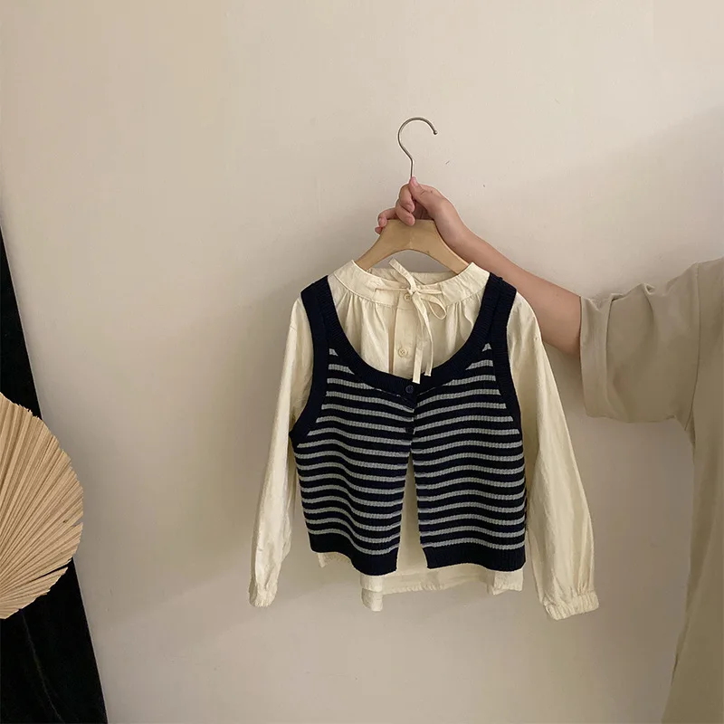 

Girls' Striped Vest Solid Color Versatile Shirt2025Autumn New Lace Trim Jeans Three-Piece Set