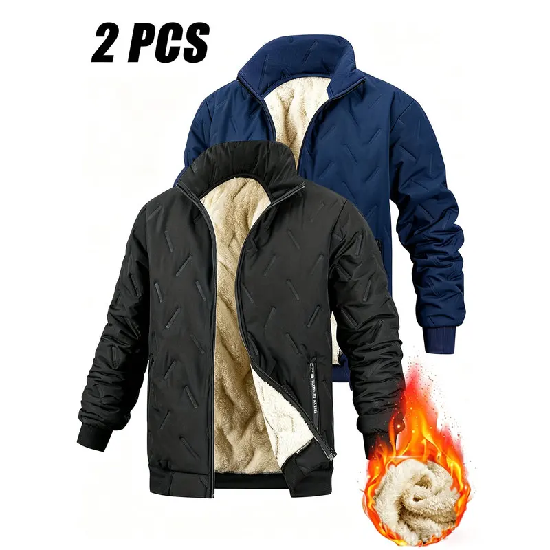 Clothing Men Fashion 2-Pack Men's Casual Stand Collar Jacket Thickened Warm Jacket Zipper Pocket Clothes Man Windproof Warm Coat