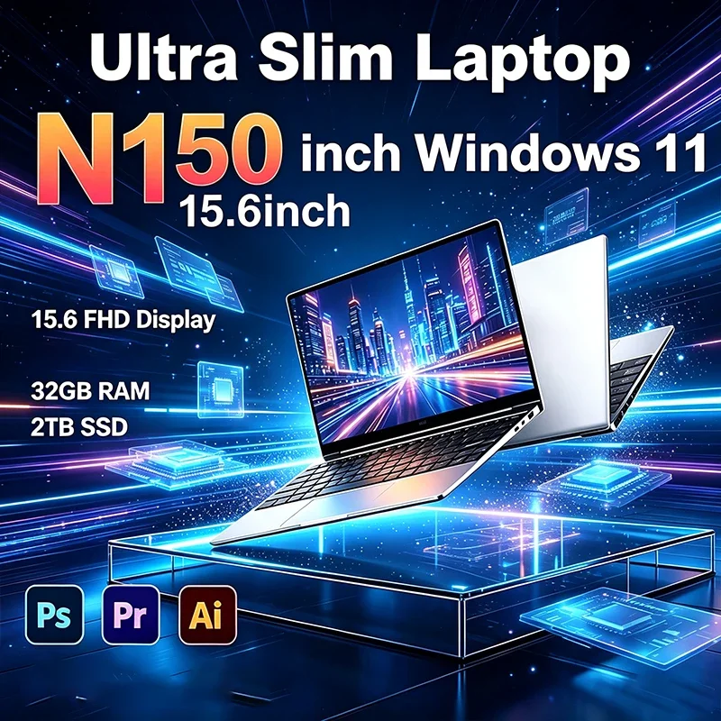 15.6 Inch 120Hz FHD IPS Notebook Intel N150 Processor 32GB RAM 2TB High Speed SSD Backlit Keyboard Long Endurance Battery