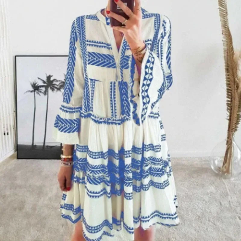 Holiday Boho Women's Summer Mini Dress Sexy Beach Sundress Spring Autumn Three-Quarters Sleeved Casual Printed Short Dresses