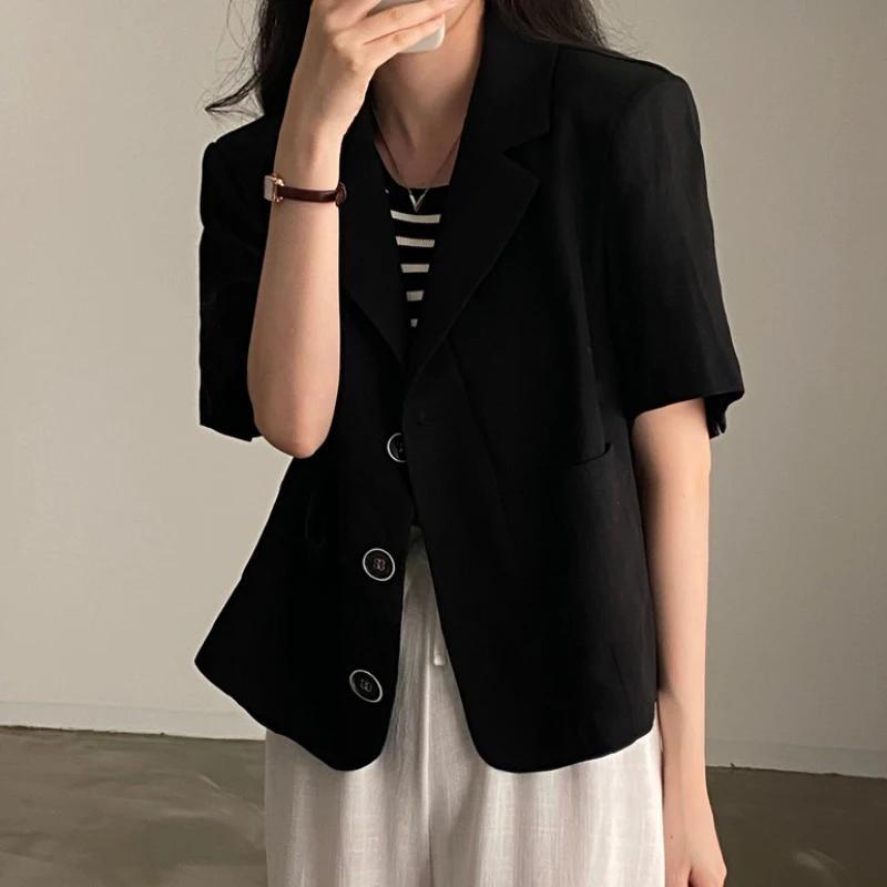 Blazer informal elegante para mujer, camisa de trabajo OL, trajes de manga corta con cuello de solapa