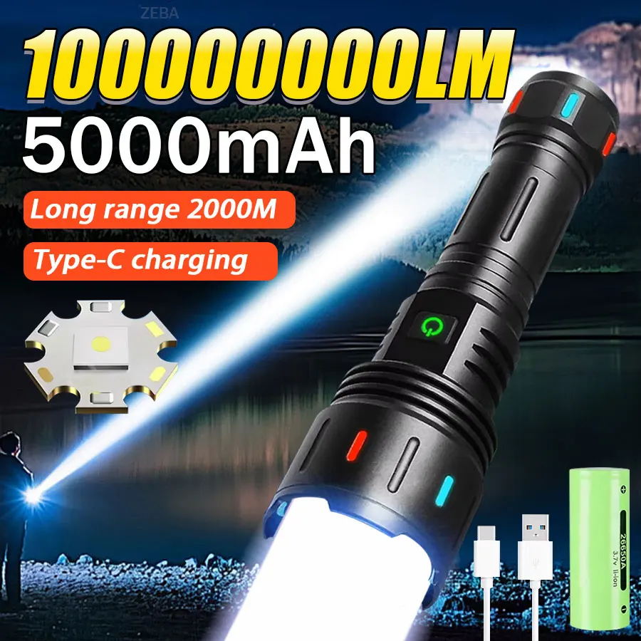 

10000000LM Most Powerful Flashlight Zoom 2000M Long Range Torch High Power Led Flashlights Rechargeable Tactical Camping Lantern