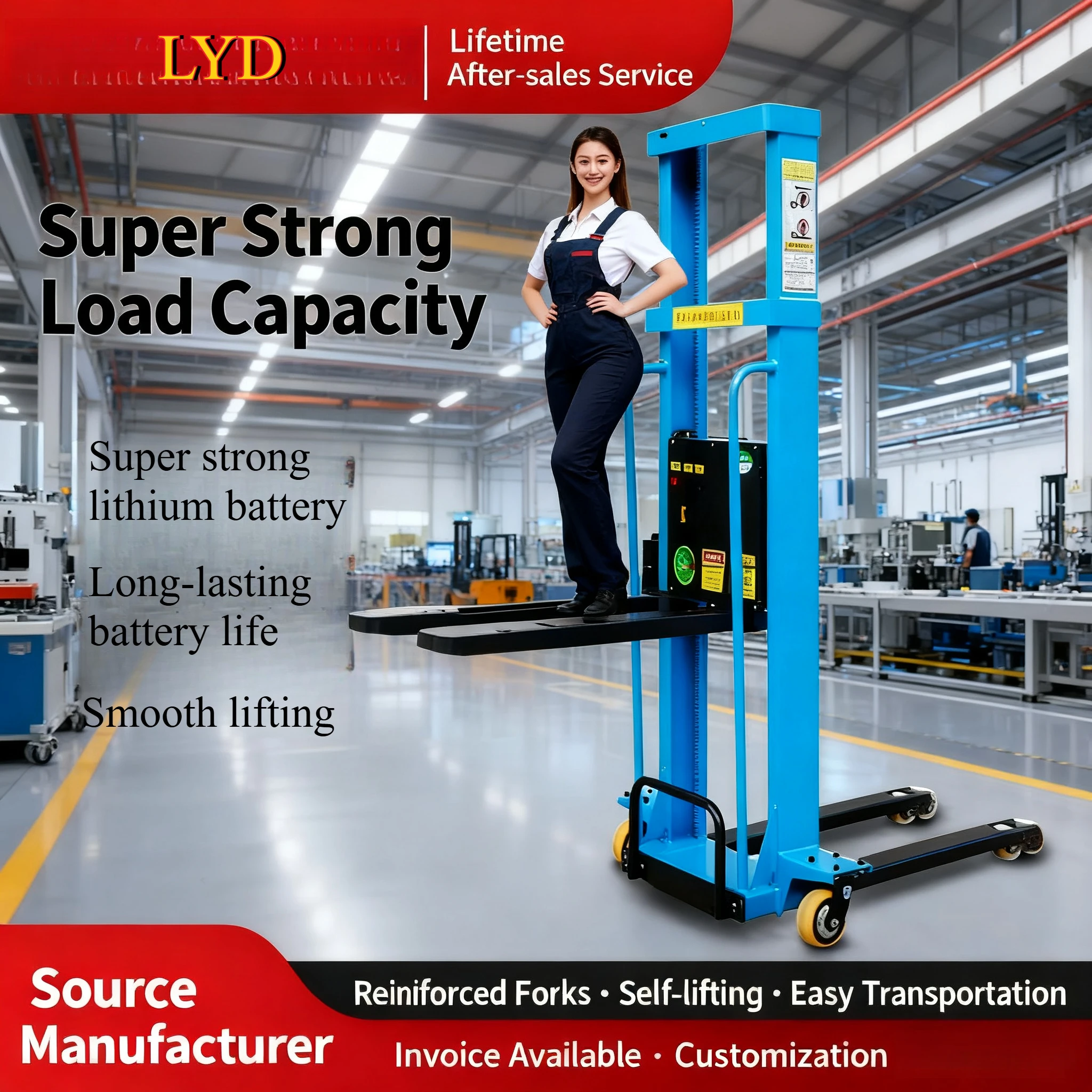 1Ton Portable Electric Pallet Truck, Mobile Scissor Lift Table, Warehouse Lifting Stacking Forklift for Loading and Unloading