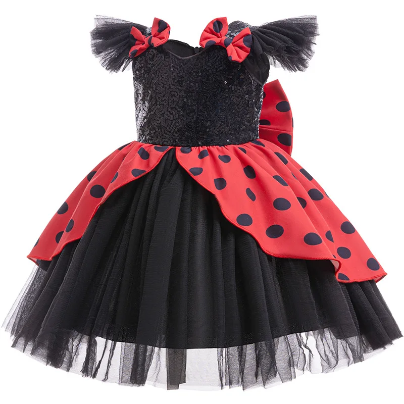 Girls' New Polka Dot Print Color Matching Bow Knot Mesh Princess Dress Halloween Christmas Party School Party Performance Dress