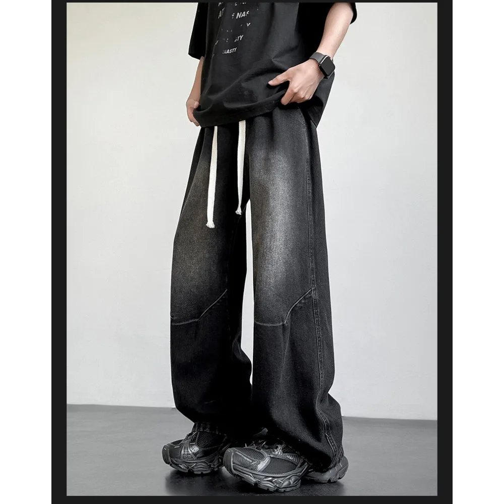 

Summer Korean Fashion Baggy Jeans for Men Classic Drawstring Straight Denim Pants Y2K Vintage Jean Streetwear Wide-leg Trousers