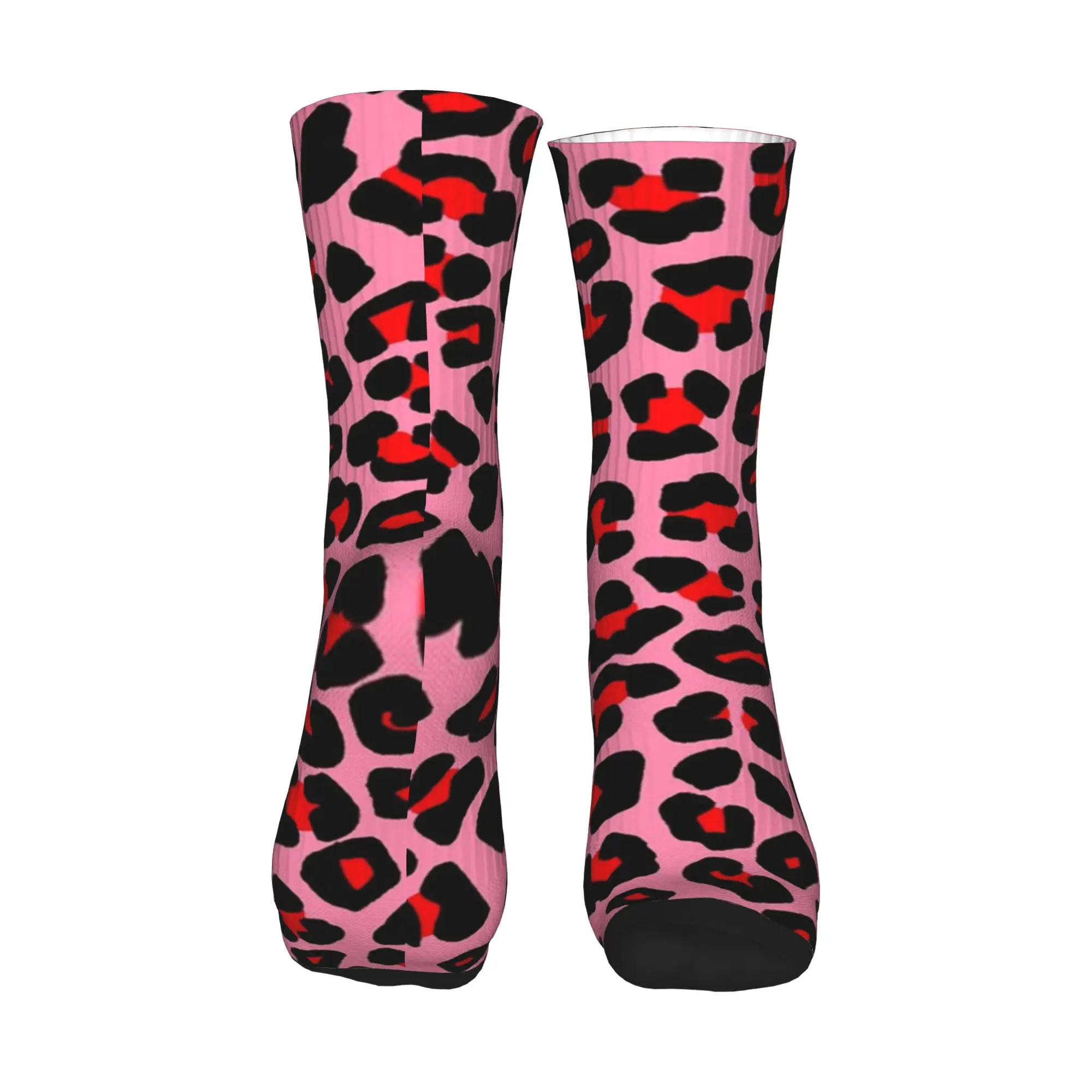 Red Leopard Print Spots on Pink Sports Socks High Quality Stockings All Season Long Socks for Man's Woman's Gifts