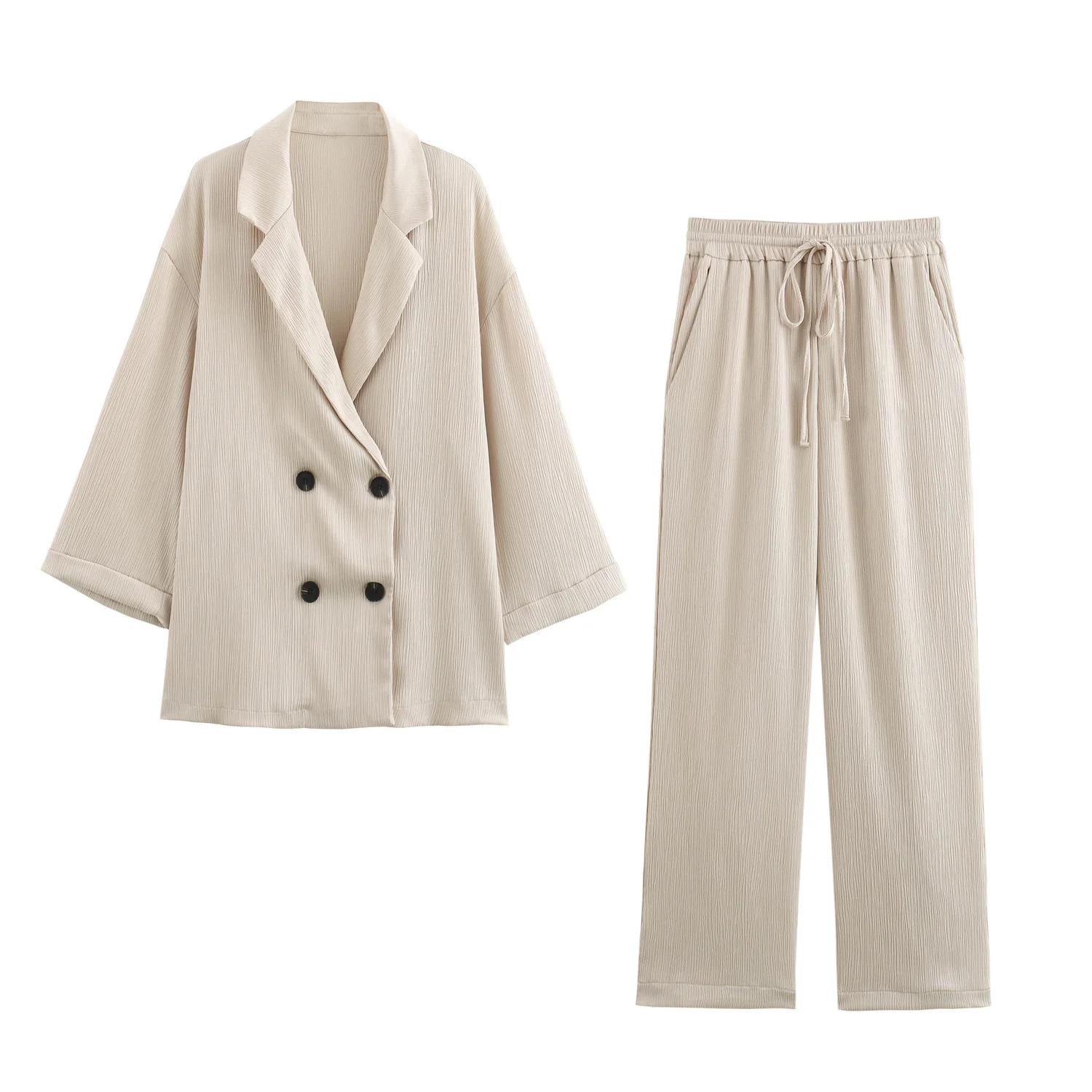 2024 Herfst Vrouwen Casual Blazer Jas Broek Set Lange Mouw Double Breasted Blazer + Wijde Pijpen Broek Lady Office Outfit