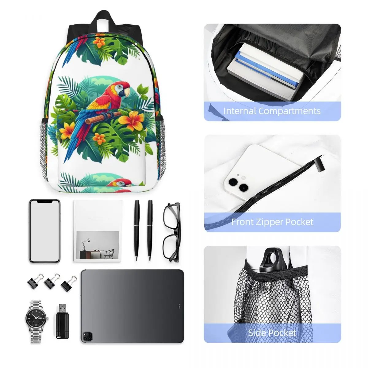 Colorful Tropical Parrot With Flowers Print Backpack Hot Sale Daypack Large Capacity Boys Girls BookBag Shoulder Bags School Bag