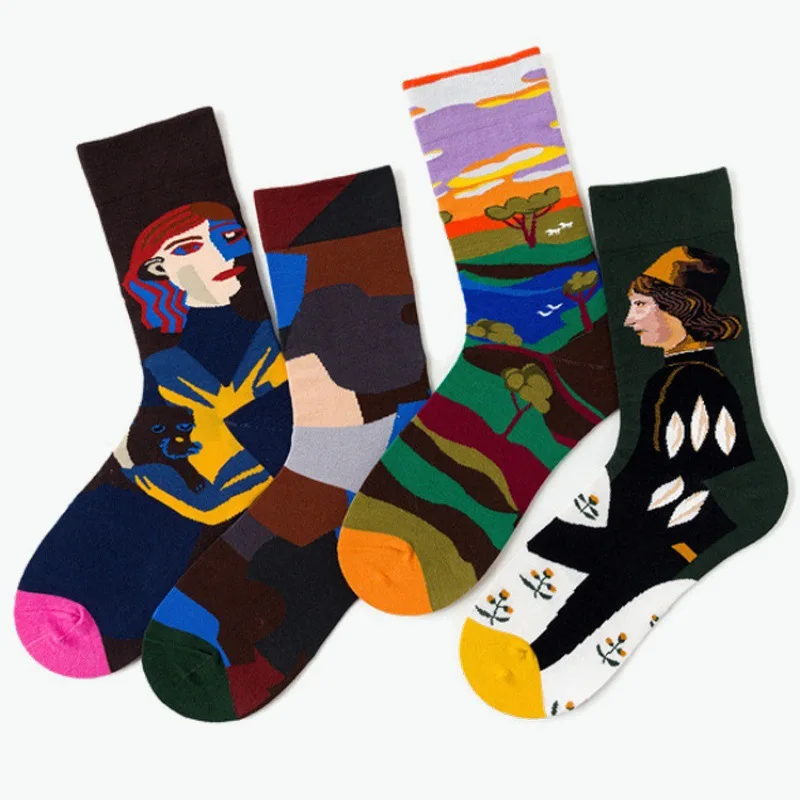 1Pair Unisex Women Happy Socks Oil Painting Van Gogh Cotton Combed Funny Fantasy Female Casual Novelty Party Gifts Sox Wholesale