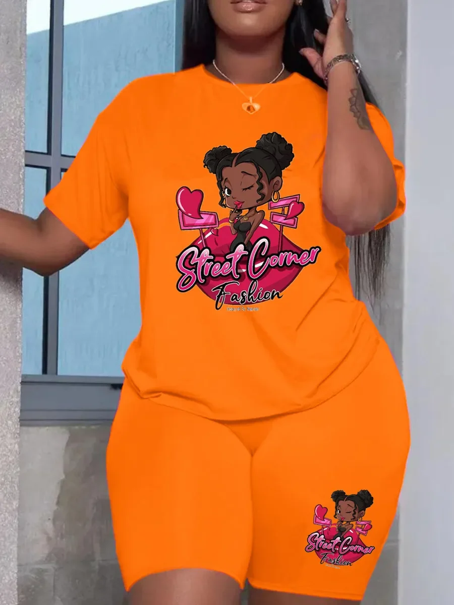 Plus size conjunto feminino verão casual manga curta topos camiseta e calças curtas conjunto de duas peças dos desenhos animados impressão plus size