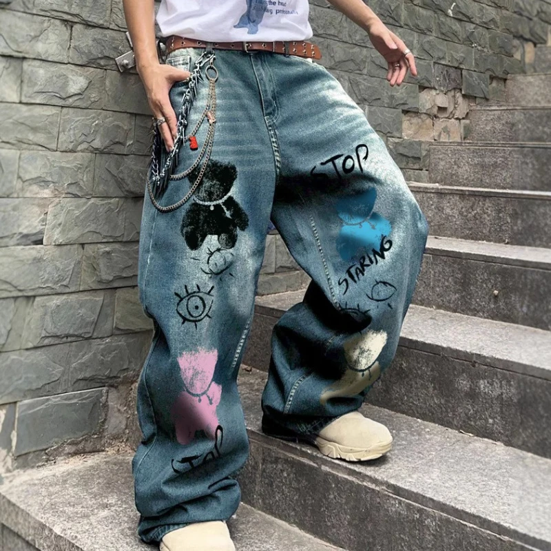 

New European American men and women's same printed jeans Gothic hip-hop trendy brand wide-leg straight-leg floor-sliding pants