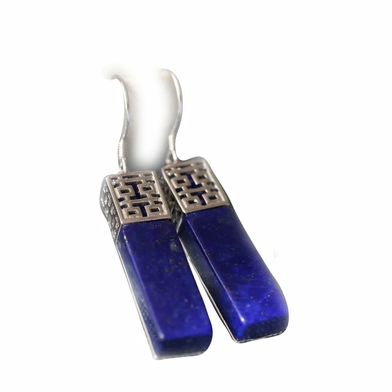 Creative ethnic style double happiness Long blue eardrop vintage lapis lazuli earrings for women wedding new 925 silver jewelry