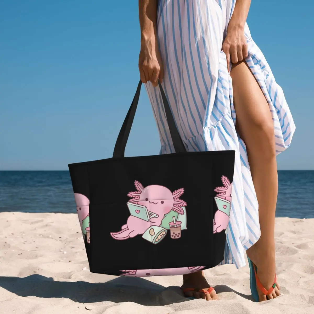 Cute Chilling Axolotl Beach Tote Bag Sport Gym Yoga Duffle Large Tote Bag Women Travel Bag Fitness bag