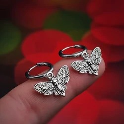 Gothic Moth Earrings,Moth Dangle Earrings,Goth Earrings for Women and Men,Unique Moth Charm Earrings,Steel Hoop Moth Earrings