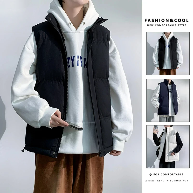 2024 Winter Vest Jacket Fashion Plus Size Solid Color Thick Warm Sleeveless Coat Male Street Cold-proof Down Cotton Padded Vest