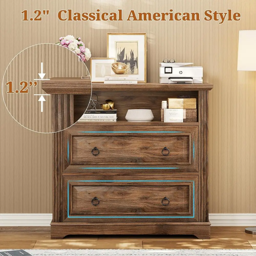 프린터 스탠드와 수납 선반이 있는 A4 목재 측면 파일 캐비닛, 브라운