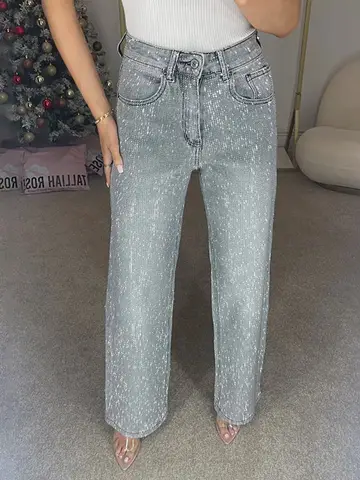 Y2k Women Shiny Rhinestone Denim Pants Wide Leg Straight Full Diamond Jeans for Female Dragging High Street Outwear Trousers