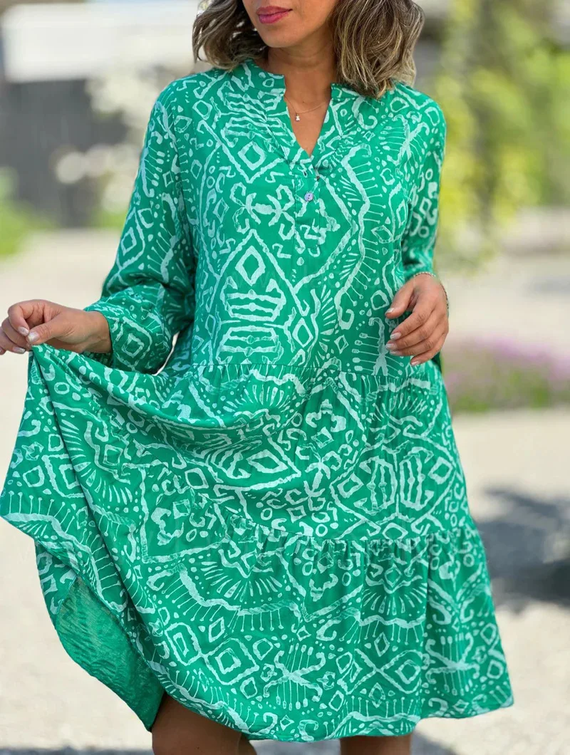 Summer Women's Loose Dress V-neck Button Pullover Flared Sleeve Vacation Fashion Casual Splicing Elegant Beach Midi Skirt