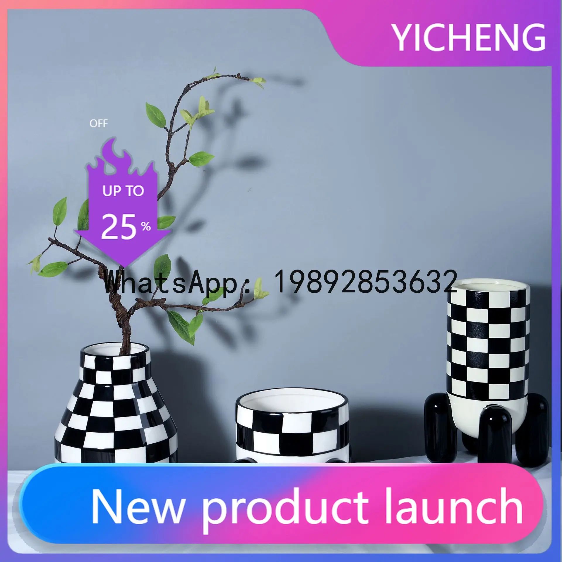 

QQ Geometric Black and White Checkered Ceramic Vase Tall Flowerpot Terrarium Flower Vase Home Decoration Accessories