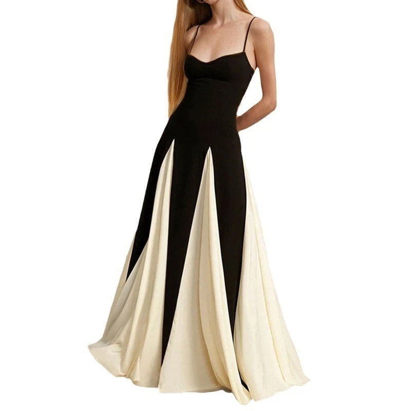 أسود أبيض متباين U الرقبة فستان بكتافة المرأة أنيقة بلا أكمام عارية الذراعين عالية سبليت ألف خط رداء 2025 عطلة جديدة Vestidos