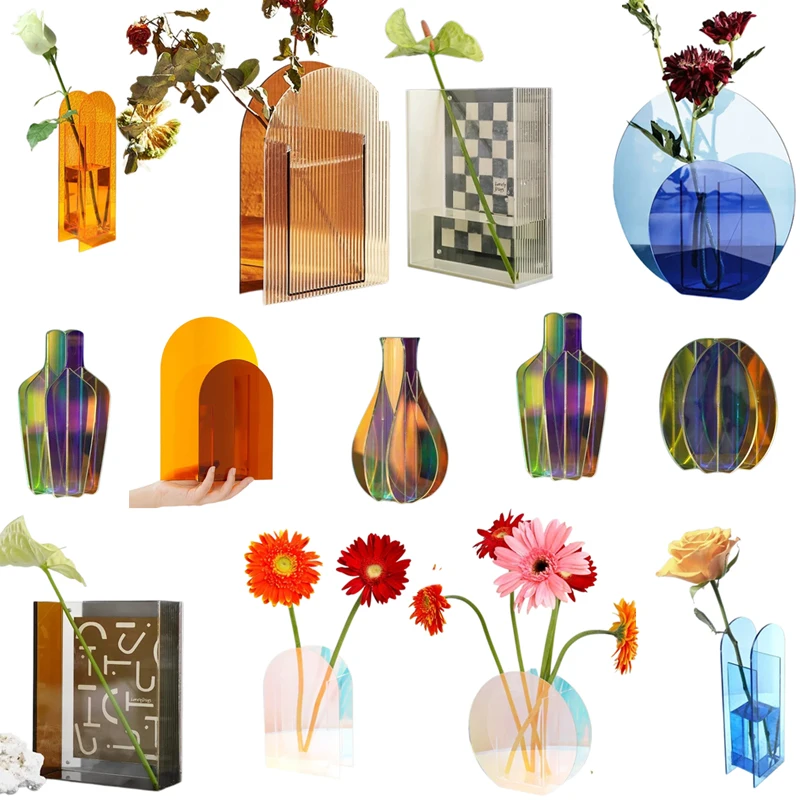 Rainbow Color Acrylic Vases Floral Container Decorative Shop Design Wedding Party Home Office Decoration Wedding Desktop Decor