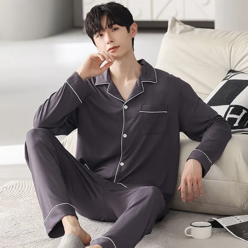 Autumn Pajamas Sets Men Long Sleeve  Cotton Thin Teenage Boys\' Large Size Spring Outwear Home Cloth Suit Sleepwear Male