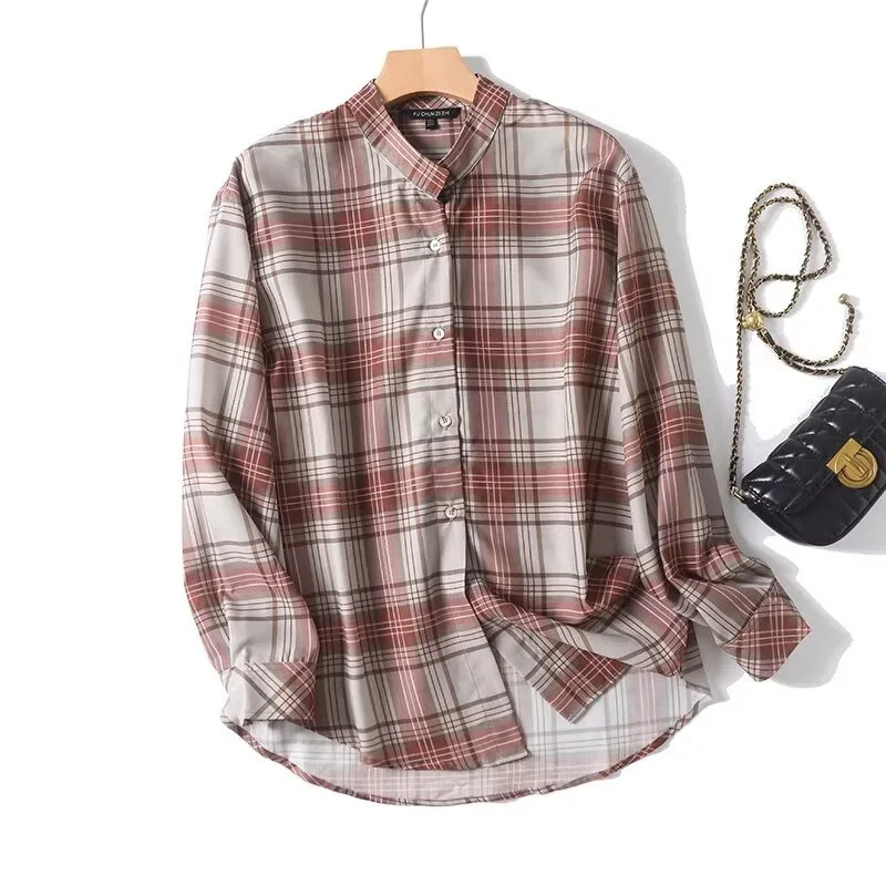 

TRAFZR Check Shirt Tops Woman 2025 Old Money Shirts Female Elegant Women's Long Sleeve Top Summer Vintage Plaid Blouse Commute