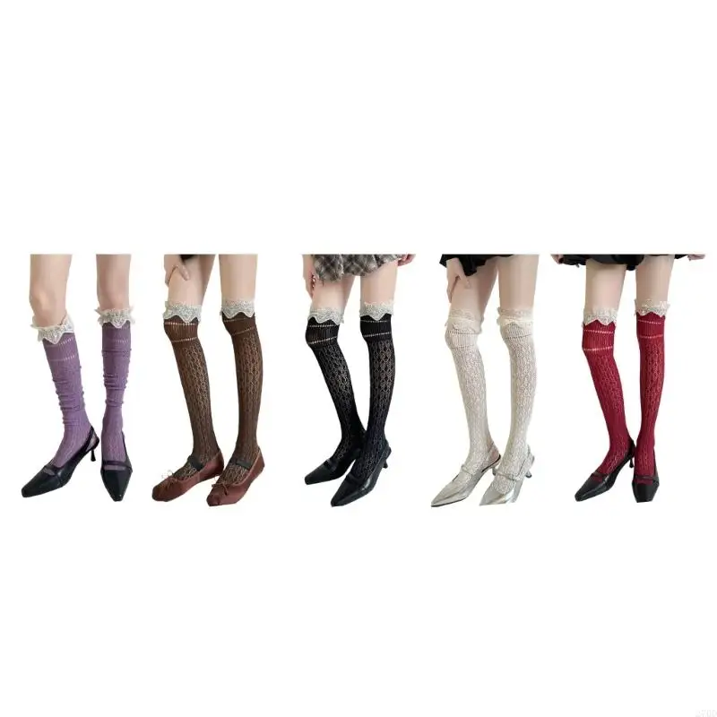 

Элегантные тканые гольфы выше колена 270D с кружевной отделкой и геометрическим узором, длинные чулки до бедра для женщин
