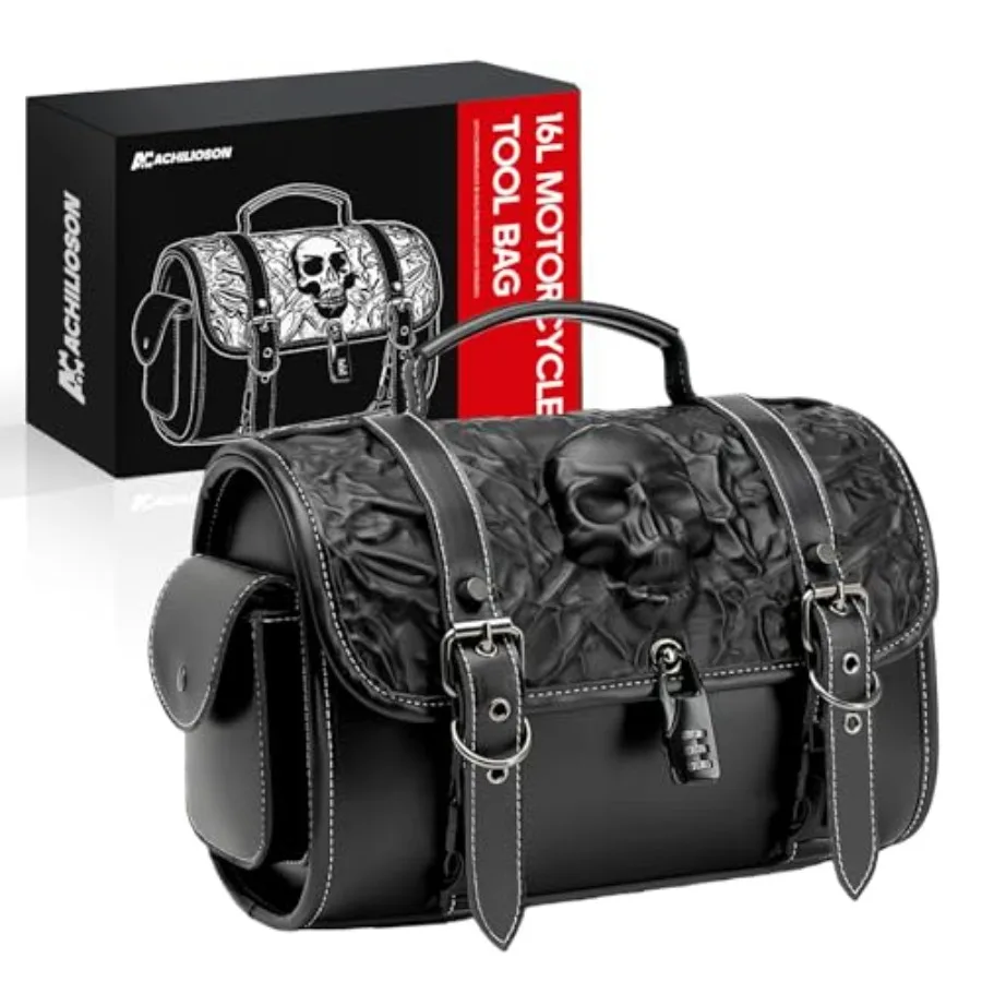 

Motorcycle side bags for storage PU leather black waterproof and 3D skull embossed with combination lock