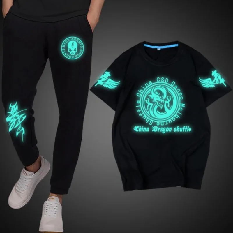 شفل الرقص البدلة الرجال النساء الصيف ليلة توهج تي شيرت قصيرة الأكمام اللياقة البدنية ممارسة مجموعة مرحلة الأداء ارتداء الفلورسنت