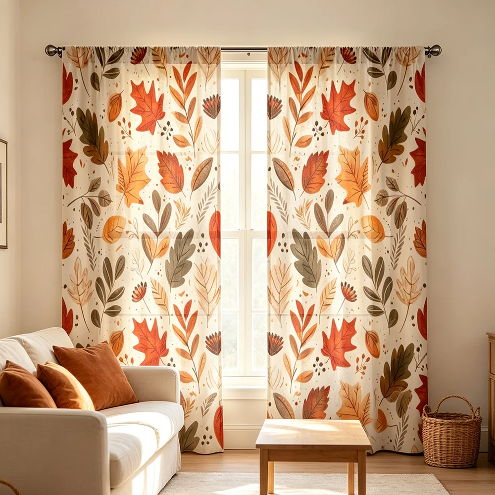 2 Stück Digital Bedruckte Vorhänge Aquarell Herbst Ahornblatt Blumendruck Landhaus Wohnzimmer Fenstervorhänge