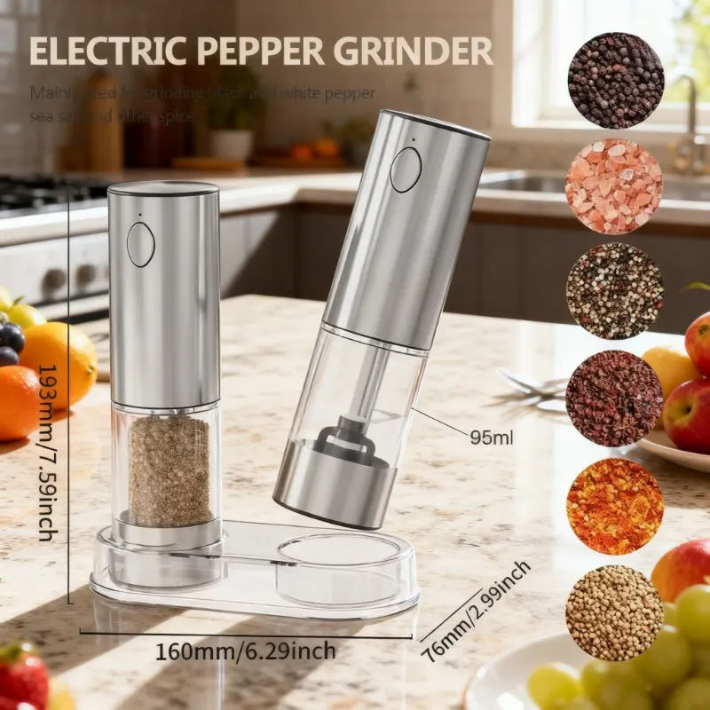 Juego de molinillo de sal y pimienta eléctrico, recargable en UsB, aspereza ajustable, gran capacidad, molinillos automáticos con luz LED