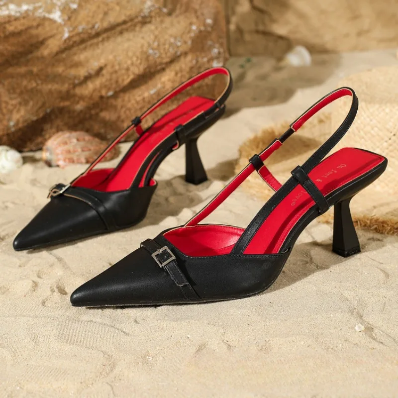 

Fashion Pointed Toe Metal Buckle Decorated High Heels Women Elegant Slingback Thin Heel Designer Shoes Cozy Banquet Dress Shoes