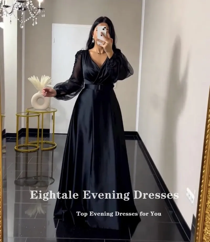 Eightale Black Evening Dresses Customized V-Neck Long Sleeves Satin A-Line Prom Gown Wedding Party Dress Ballkleider Robe Soirée