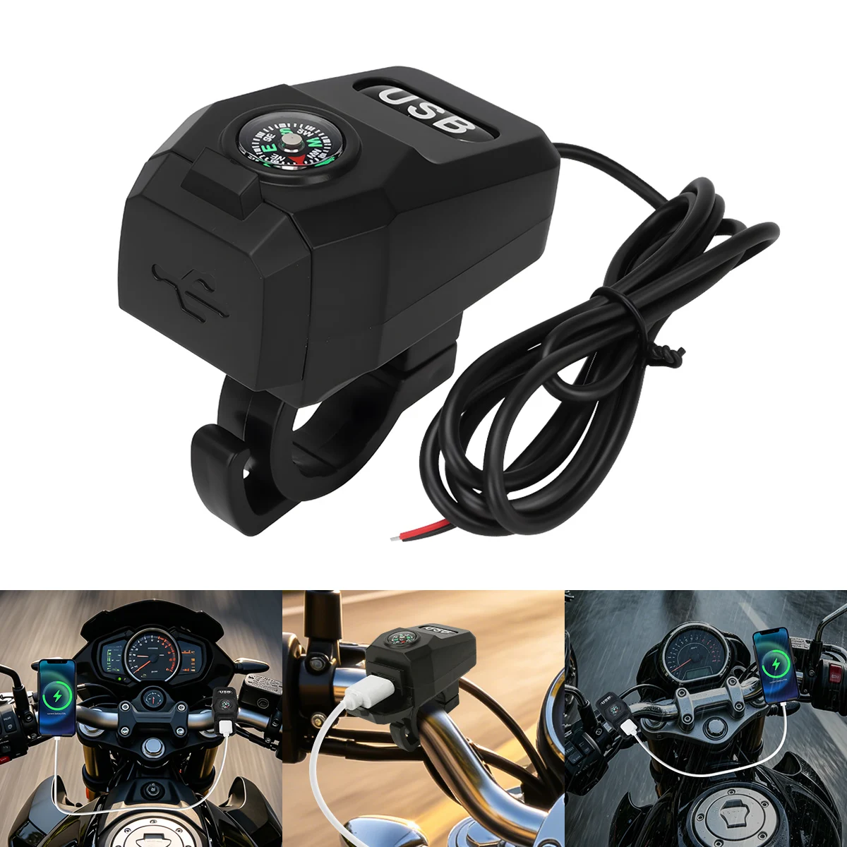 12V-24V Motorcycle Handlebar USB Fast Charger with Compass ABS Universal Motorbike Phone Quick Charge Power Socket Accessories