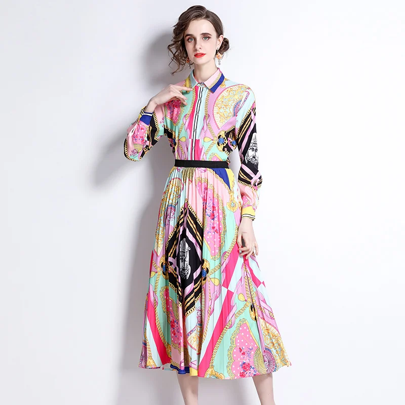 New Fashion Runway Summer Chain Print 2 Piece Set Women Single-Breasted Long Sleeve Shirt Top + High Waist Pleated Skirts Suit