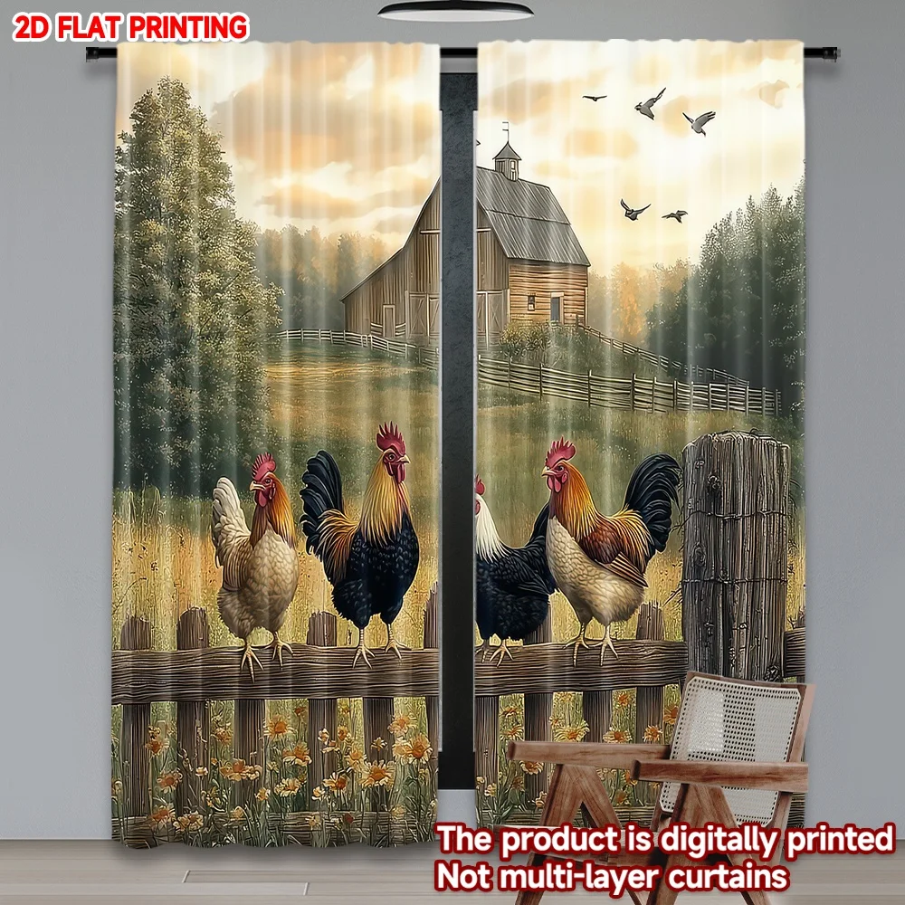 

2D flat printing 2pcs Party Curtains Chickens on Farm Fence Digital Printed Polyester Drapes Birthday Party Use for Holiday