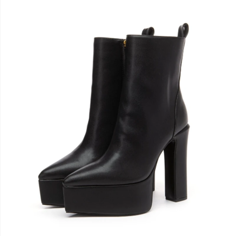 Sexy Pointed Toe Platform Chunky Heels Women Ankle Boots Black Matte Leather Side Zipper Block Heels  Short Booties