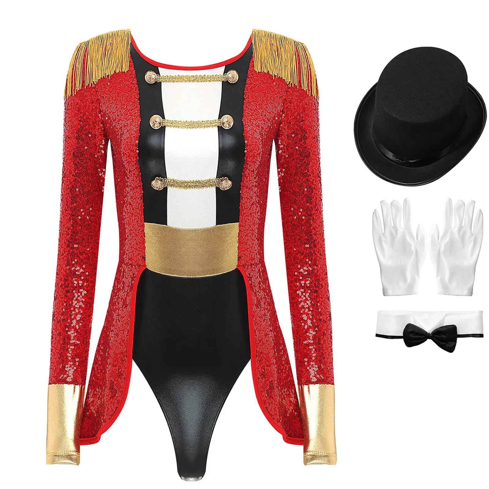 Damski cyrk Ringmaster strój Halloween Cosplay body frędzle Epaulette kołnierz kokarda czapka kombinezon z cekinami kostiumy maskowe