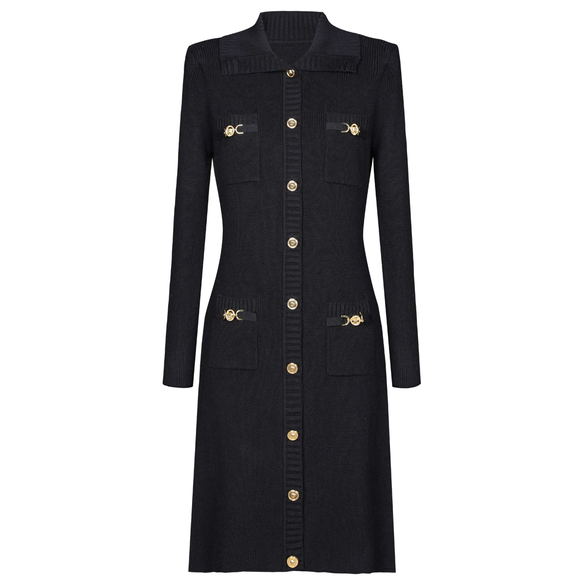 

High Quality New Fashionable Solid Color Elastic Knitted Lapel Long Sleeved Gold Single Breasted Women's Dress Long Coat