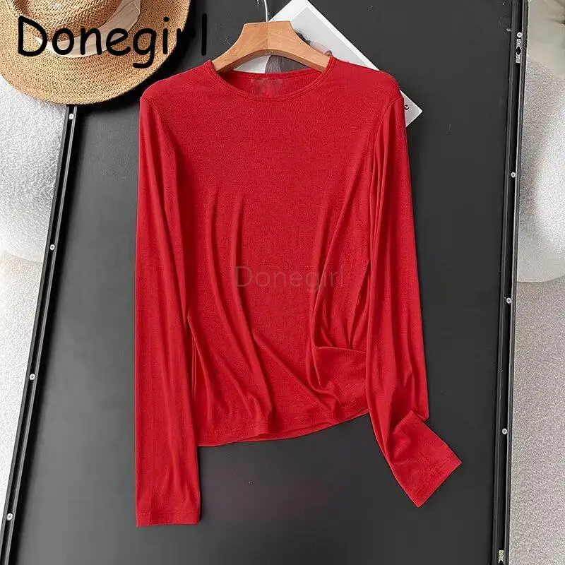 

Donegirl 2024 New Women Spring Summer Fashion Long Sleeve Slim Inside Solid T-shirt Simple Versatile Tops Pullover Female Chic